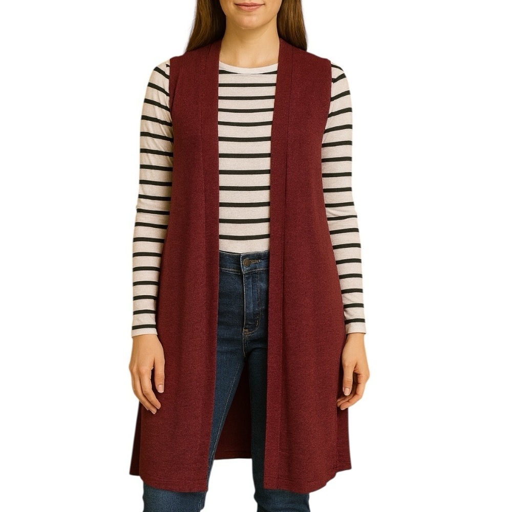 LuLaRoe XS Sleeveless Long Lightweight Cardigan Red Neutral Lagenlook Layering